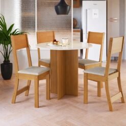 Mesa Redonda Alice 90 Freijó/Off White com 4 Cadeiras Linho Bege - INDÉKES