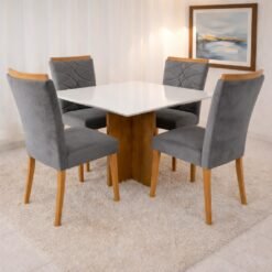 Mesa Salinas/Helô/Los Angeles 120 Cinamomo/Off White com 4 Cadeiras Safira Veludo Cinza Grafite – CEL MÓVEIS + WM DECOR