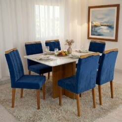 Mesa Salinas 160 (Tampo Londres c/vidro) Cinamomo/Off White com 6 Cadeiras Las Vegas Veludo Azul 24 – CEL MÓVEIS + OURO DECOR
