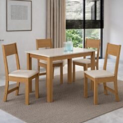 Mesa Atlanta 108 Freijó/Off White com 4 Cadeiras Karla Linho Bege - INDÉKES