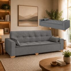 Sofá Cama Canadá 2,18 m Veludo Cinza 195 - TOP ESTOFADOS