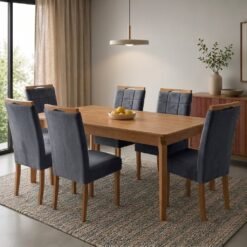 Mesa Atos 180 (Tampo 26 mm) Laminada Mel com 6 Cadeiras Las Vegas Veludo Cinza Grafite 10 – VIEIRA DECOR + OURO DECOR