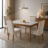 Mesa Atos 120 (Tampo 18 mm) Mel/Off White com 4 Cadeiras Las Vegas Veludo Bege 01 – VIEIRA DECOR + OURO DECOR
