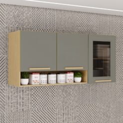 Armário Aéreo 3 portas Vidro Fumê New Valência Jequitibá/Granizo - SALLÊTO