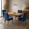 Mesa Atos 120 (Tampo 16 mm) Laminada Mel com 4 Cadeiras Las Vegas Veludo Azul 24 – VIEIRA DECOR + OURO DECOR
