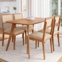 Mesa Acerola 130 (S/Vidro) Madeira/Off White com 4 Cadeiras Encanto Linho Bege – CIMOL