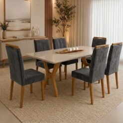 Mesa Essência 180 (C/Vidro) Cinamomo/Off White com 6 Cadeiras Las Vegas Veludo Cinza Grafite 10  – JCM MOVELARIA + OURO DECOR
