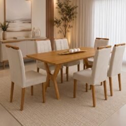 Mesa Essência 180 (S/Vidro) Cinamomo com 6 Cadeiras Las Vegas Veludo Bege 01 – JCM MOVELARIA + OURO DECOR