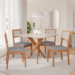 Mesa Cacau 95 (C/Vidro) Madeira/Off White com 4 Cadeiras Encanto Linho Cinza Grafite – CIMOL