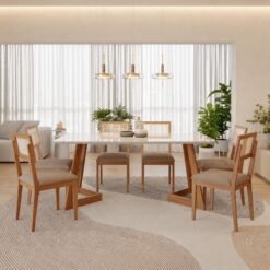 Mesa Caju 180 (C/Vidro) Madeira/Off White com 6 Cadeiras Palmas Linho Bege – CIMOL