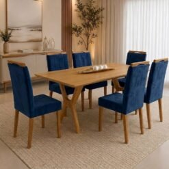 Mesa Essência 180 (S/Vidro) Cinamomo com 6 Cadeiras Las Vegas Veludo Azul 24 – JCM MOVELARIA + OURO DECOR
