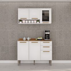 Armário Aéreo Vidro Fumê + Balcão New Valência Branco/Cinamomo - SALLÊTO