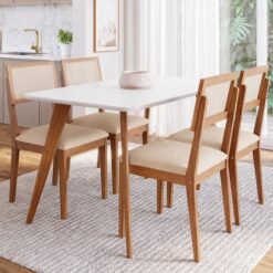 Mesa Acerola 130 (C/Vidro) Madeira/Off White com 4 Cadeiras Encanto Linho Bege – CIMOL