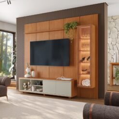 Painel até 75″ Dominus 2,32 m Naturale + Rack Dux Naturale/Off White + Cristaleira Dominus Naturale – MAVAULAR
