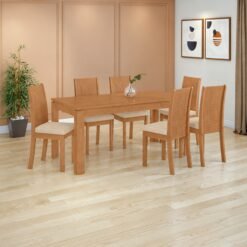 Mesa Athenas 180 Amêndoa Clean com 6 Cadeiras Athenas Linho Bege – LOPAS