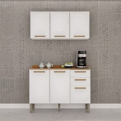 Armário Aéreo Triplo + Balcão New Valência Branco/Cinamomo - SALLÊTO