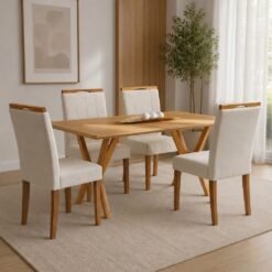 Mesa Essência 120 (S/Vidro) Cinamomo com 4 Cadeiras Las Vegas Veludo Bege 01 – JCM MOVELARIA + OURO DECOR