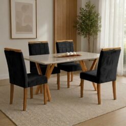 Mesa Essência 120 (C/Vidro) Cinamomo/Off White com 4 Cadeiras Las Vegas Veludo Preto 13 – JCM MOVELARIA + OURO DECOR