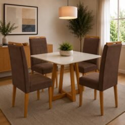 Mesa Maria 90 Imbuia/Off White com 4 Cadeiras Quartzo/Safira Veludo Marrom – A&A CONCEITO + KM DECOR