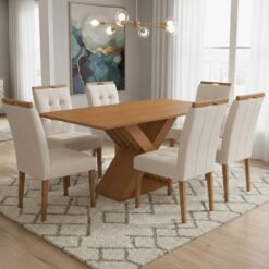 Mesa Graviola BA29 160 (S/Vidro) Canela com 6 Cadeiras Sophia Veludo Bege – KAPPESBERG + WM DECOR