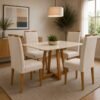 Mesa Maria 120 Imbuia/Off White com 4 Cadeiras Quartzo/Safira Veludo Bege – A&A CONCEITO + KM DECOR