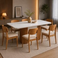 Mesa Pilar 180 Canto Copo (C/Vidro) Off White/Off White/Naturale com 6 Cadeiras Havana Veludo Creme – RUFATO