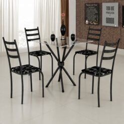 Mesa 4 Cadeiras Marabá (Tampo Vidro Quadrado) Preto/Preto Lírio - TEIXEIRA