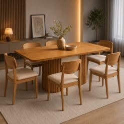 Mesa Pilar 180 Canto Copo (S/Vidro) Naturale/Off White/Naturale com 6 Cadeiras Havana Veludo Creme – RUFATO