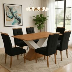 Mesa Amora BA35 160 (S/Vidro) Canela/Off White com 6 Cadeiras Sophia Veludo Preto – KAPPESBERG + WM DECOR