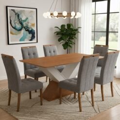 Mesa Amora BA35 160 (S/Vidro) Canela/Off White com 6 Cadeiras Sophia Linho Cinza Grafite 206 – KAPPESBERG + WM DECOR