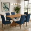 Mesa Amora BA35 160 (S/Vidro) Canela/Off White com 6 Cadeiras Sophia Veludo Azul – KAPPESBERG + WM DECOR