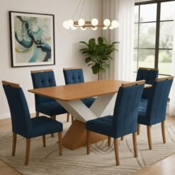 Mesa Amora BA35 160 (S/Vidro) Canela/Off White com 6 Cadeiras Sophia Veludo Azul – KAPPESBERG + WM DECOR