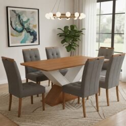 Mesa Amora BA35 160 (S/Vidro) Canela/Off White com 6 Cadeiras Sophia Veludo Cinza Grafite – KAPPESBERG + WM DECOR