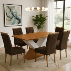 Mesa Amora BA35 160 (S/Vidro) Canela/Off White com 6 Cadeiras Sophia Veludo Marrom – KAPPESBERG + WM DECOR