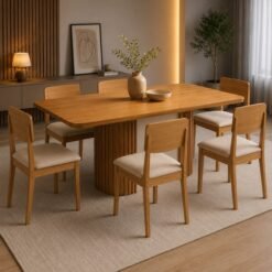 Mesa Pilar 180 Canto Copo (S/Vidro) Naturale/Off White/Naturale com 6 Cadeiras Havana Veludo Creme – RUFATO