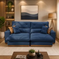 Sofá Retrátil e Reclinável Grambelo/Gran Bello 2,50 m Veludo Azul 07 – D SALA DECOR ESTOFADOS