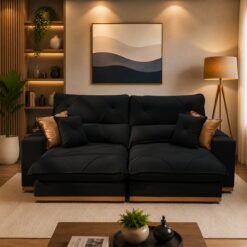 Sofá Retrátil e Reclinável Grambelo/Gran Bello 2,00 m Veludo Preto 14 – D SALA DECOR ESTOFADOS