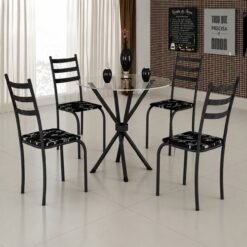 Mesa 4 Cadeiras Marabá (Tampo Vidro Redondo) Preto Fosco/Preto Lírio - TEIXEIRA