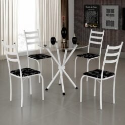 Mesa 4 Cadeiras Marabá (Tampo Vidro Redondo) Branco/Preto Lírio - TEIXEIRA