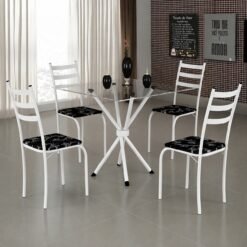 Mesa 4 Cadeiras Marabá (Tampo Vidro Quadrado) Branco/Preto Lírio - TEIXEIRA