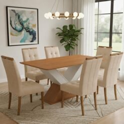 Mesa Amora BA35 160 (S/Vidro) Canela/Off White com 6 Cadeiras Sophia Veludo Bege – KAPPESBERG + WM DECOR