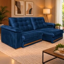 Sofá Retrátil e Reclinável Veneza/Roma MJ143 2,50 m Veludo Azul 1004 - MAJESTOSO ESTOFADOS