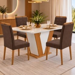 Mesa Qatar 120 (Tampo Londres c/ vidro) Off White/Cinamomo/Off White com 4 Cadeiras Quartzo/Safira Veludo Marrom – CEL MÓVEIS + KM DECOR