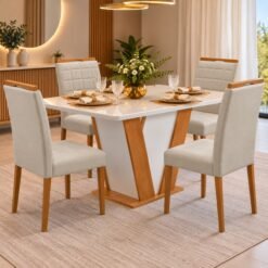 Mesa Qatar 120 (Tampo Londres c/ vidro) Off White/Cinamomo/Off White com 4 Cadeiras Quartzo/Safira Veludo Bege – CEL MÓVEIS + KM DECOR