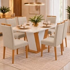 Mesa Qatar 160 (Tampo Londres c/ vidro) Off White/Cinamomo/Off White com 6 Cadeiras Quartzo/Safira Veludo Bege – CEL MÓVEIS + KM DECOR