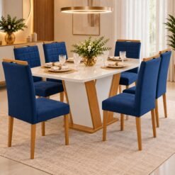 Mesa Qatar 160 (Tampo Londres c/ vidro) Off White/Cinamomo/Off White com 6 Cadeiras Quartzo/Safira Veludo Azul – CEL MÓVEIS + KM DECOR