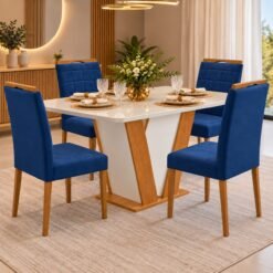 Mesa Qatar 120 (Tampo Londres c/ vidro) Off White/Cinamomo/Off White com 4 Cadeiras Quartzo/Safira Veludo Azul – CEL MÓVEIS + KM DECOR