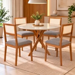 Mesa Redonda Cacau 109 Madeira/Off White com 4 Cadeiras Palmas Linho Cinza Grafite – CIMOL