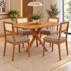Mesa Cacau 130 (S/Vidro) Madeira/Cinamomo com 4 Cadeiras Palmas Linho Bege – CIMOL