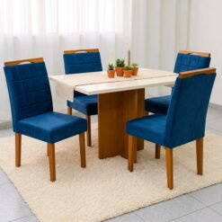 Mesa Salinas 100 (Tampo Dakota s/vidro) Cinamomo/Off White com 4 Cadeiras Las Vegas Veludo Azul 24 – CEL MÓVEIS + OURO DECOR